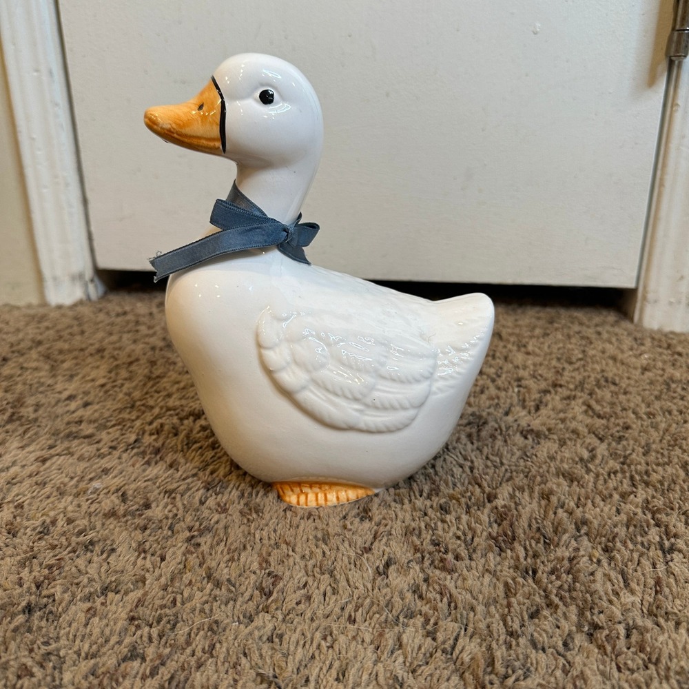 Vintage White Ceramic Duck Figurine Blue Ribbon Farmhouse Cottagecore Country